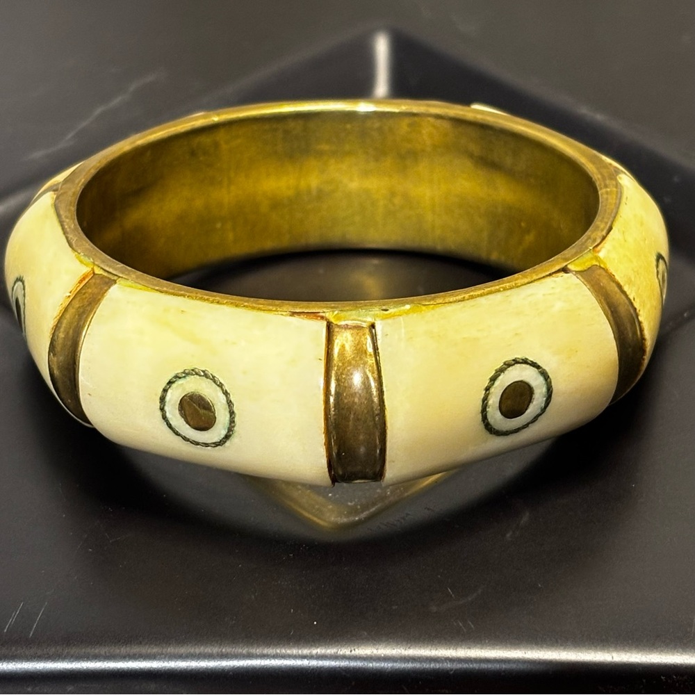 Vintage bangle bracelet, brass and bone inlays